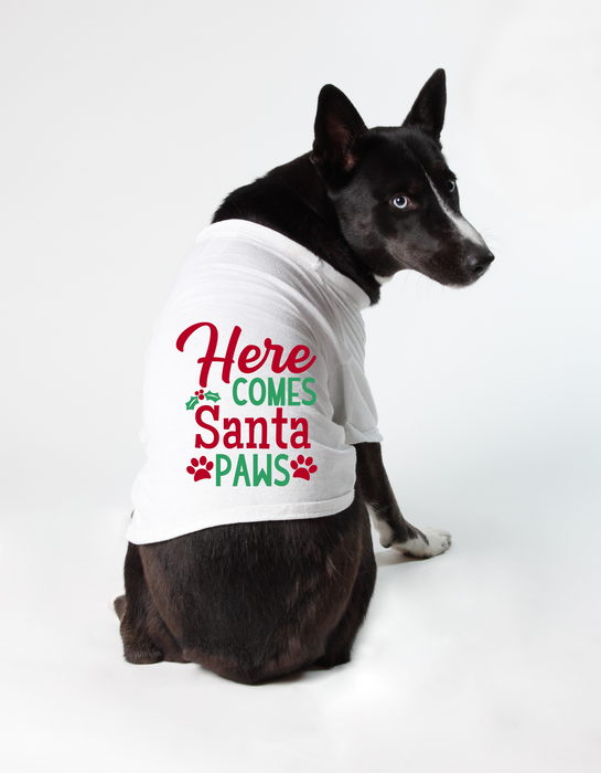 Christmas Funny Dog T-Shirt: Here Comes Santa Paws