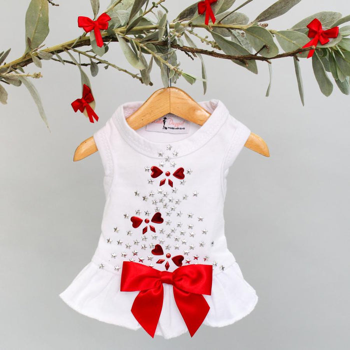 Holiday Sparkle Dog Dress With Bow - Red and White